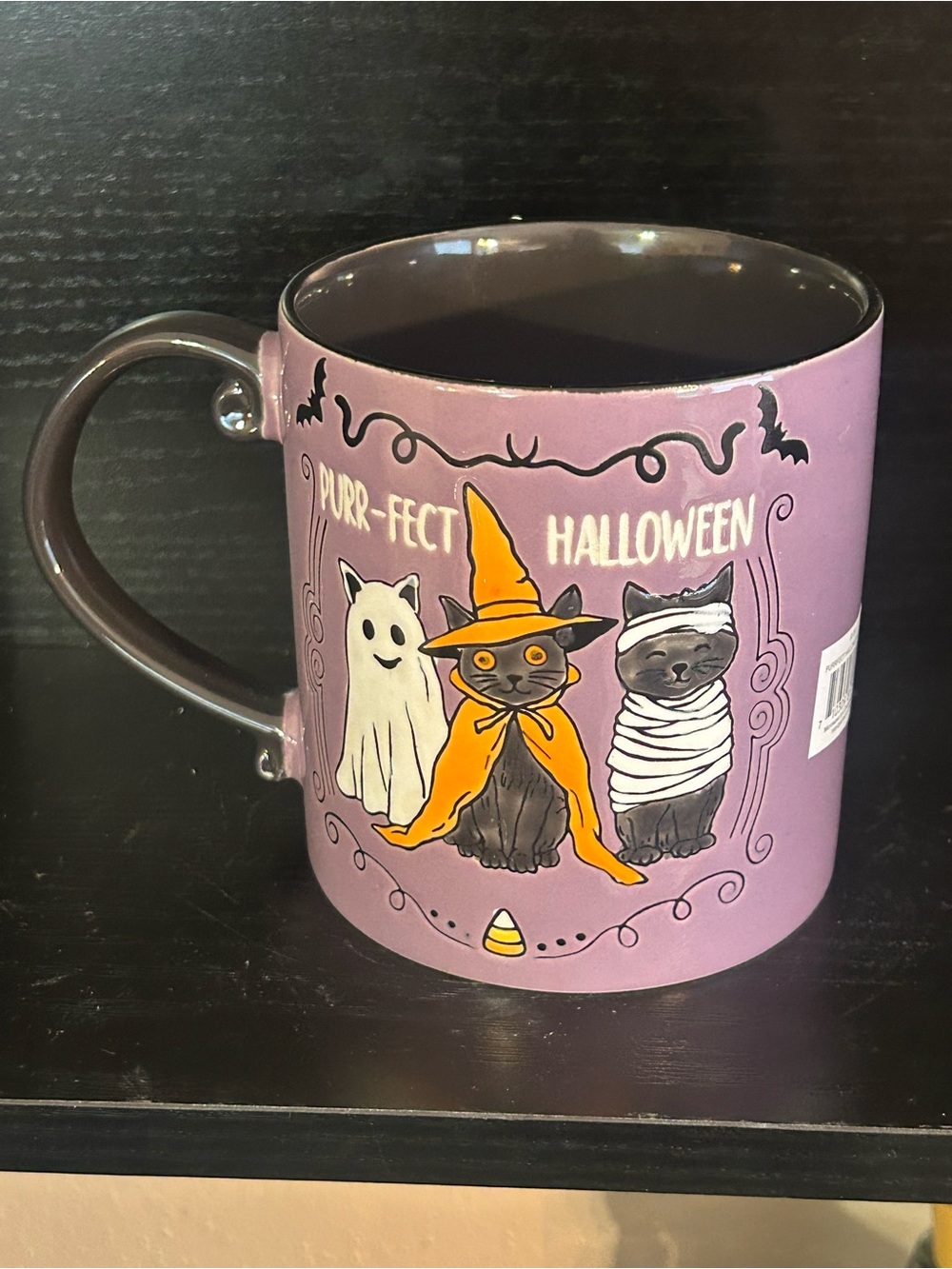 Purple Halloween Cat Ceramic Mug with Witch and Ghost Design